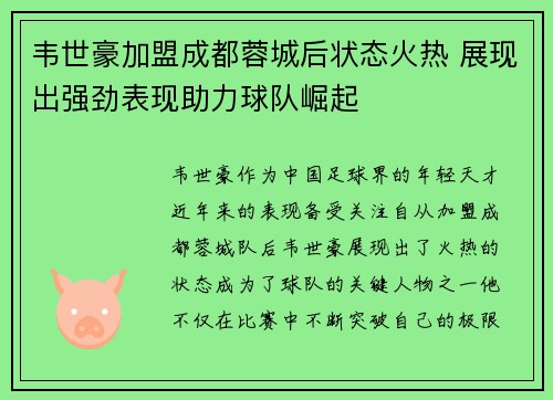 韦世豪加盟成都蓉城后状态火热 展现出强劲表现助力球队崛起