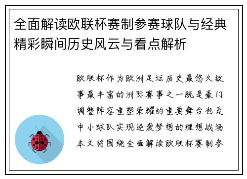 全面解读欧联杯赛制参赛球队与经典精彩瞬间历史风云与看点解析